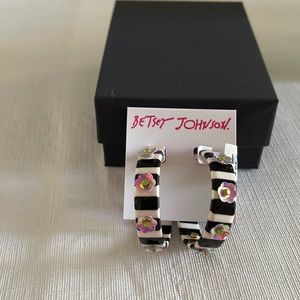 Betsey Johnson Black/White Stripe Flowers Hoop Earrings